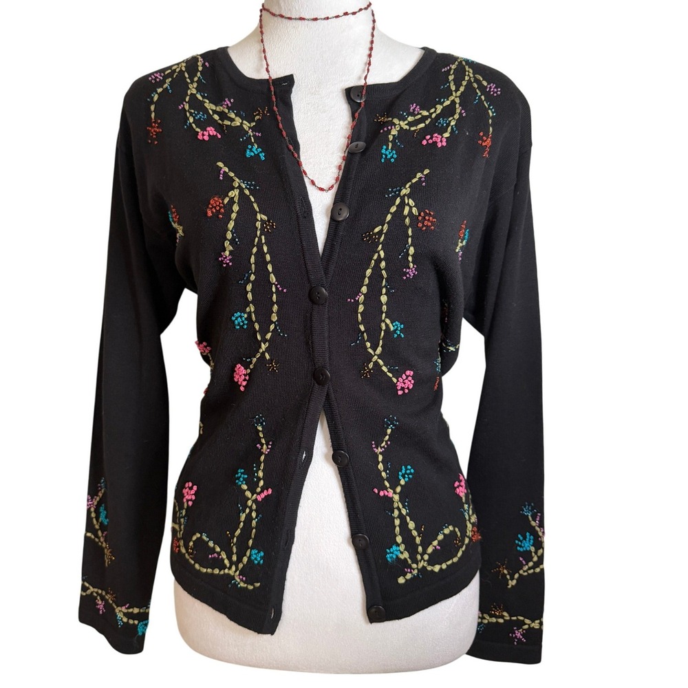 Vintage 90s Beaded Hand Stitched Cardigan Sweater Floral Granny Cottagecore M